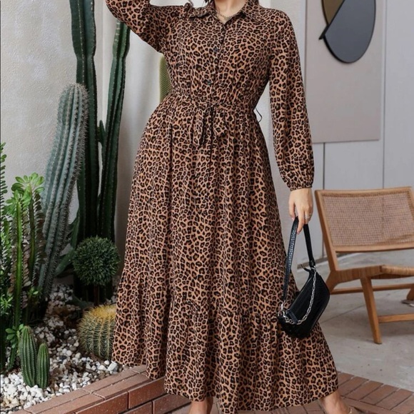 Boho Plus Size Leopard Animal Print Button Download Shirt belted Maxi Dress - Picture 5 of 10